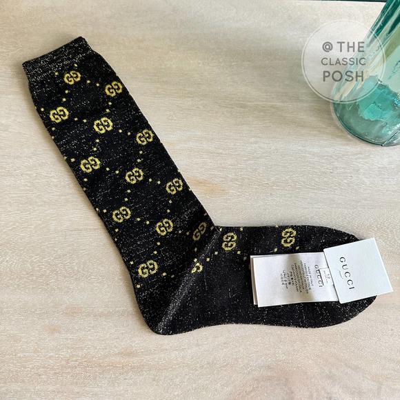 Gucci Other - Gucci Logo Lame Socks Knit Black Yellow Metallic Mid Calf Small 12 MSRP $290